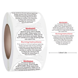 Roll of 1.5 inch round candle safety warning labels with English burning instructions