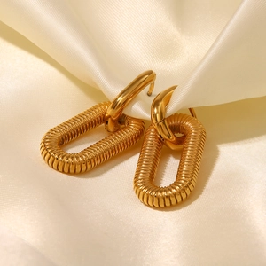 Macro shot of 18K gold plated stainless steel hoop earrings with spiral thread texture