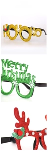 Detailed views of festive Christmas glitter glasses including reindeer antlers and holiday text