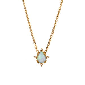 Vintage gold plated stainless steel teardrop opal necklace with white zircon accents