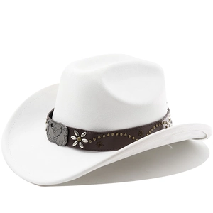 Detail of white felt cowboy hat with leather band, gold studs and eagle buckle