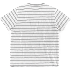 Detail view of the back of a grey and white horizontal striped cotton short sleeve T-shirt