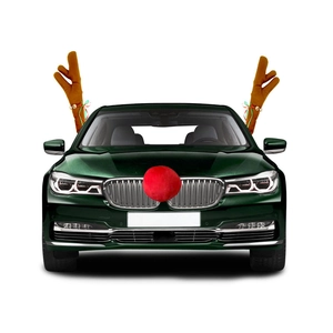 Christmas reindeer car kit with brown plush antlers and red nose on green vehicle