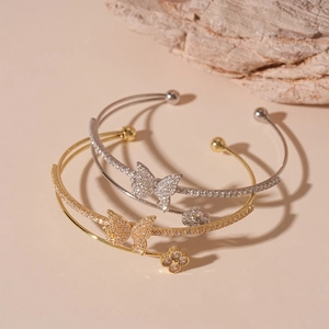 Double Layer Open Bangle Copper Bracelet With Zircon Butterfly And Clover Design Adjustable Elegant Jewelry For Women