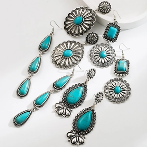 Bohemian Vintage Alloy Turquoise Drop Earrings For Women Ethnic Geometric Water Drop Rhinestone Inlaid Dangle Accessory