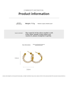 Detail view of 18K gold plated C-shaped pearl earrings with silver needles and copper base