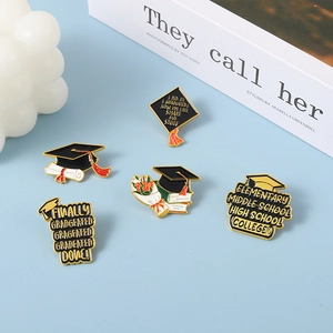 5-piece graduation enamel pin set featuring doctoral cap and floral bouquet motifs