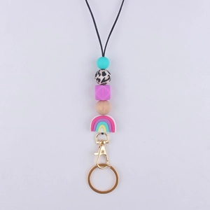 Silicone beaded lanyard with rainbow pendant and rotating metal clasp for badges
