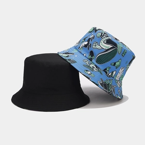Detail of reversible bucket hat in solid black and vibrant blue street graffiti pattern