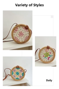 Detailed view of three round rattan bags featuring colorful floral patterns and leather straps