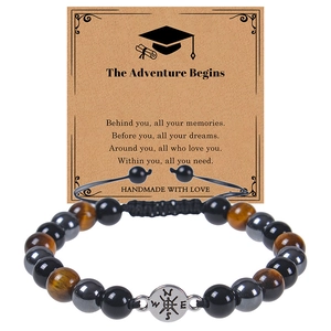 Graduation Gift Compass Pendant Beaded Bracelet Natural Tiger Eye Hematite Stone Adjustable Woven Rope Inspirational Card