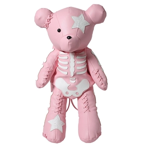 Pink cartoon bear backpack with leather finish and white skeleton pattern for kids