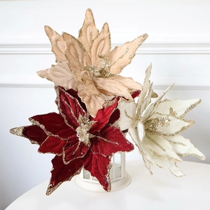 Velvet artificial Christmas flowers with glitter edges in wine red and champagne gold
