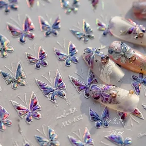 Holographic 3D aurora butterfly nail art stickers with purple laser effect MS482 decals