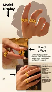 Close-up of golden braided lattice texture on adjustable open ring for women