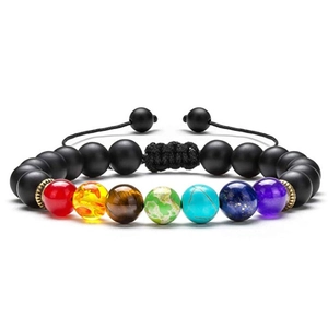 Braided 7 chakra energy bracelet with matte black beads and colorful gemstones for yoga