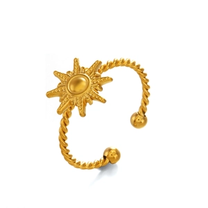 18K gold plated stainless steel sunburst open ring with a twisted rope textured band