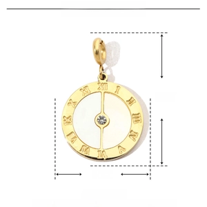 Detailed dimensions of round gold shell pendant with roman numerals and crystals