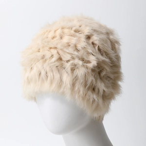 Beige rabbit fur handmade knitted hat for women featuring a thick plush warm round shape