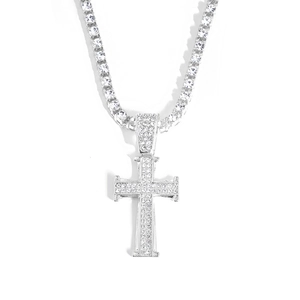 Luxurious hip hop silver cross pendant necklace with sparkling rhinestones and tennis chain