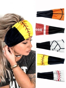 Detail of athletic headbands with basketball, baseball, and rugby ball pattern prints