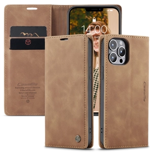 Brown leather flip wallet case with card slots and magnetic stand for smartphones