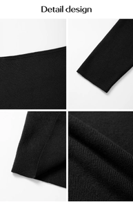 Detailed views of neckline, cuffs, and hem of this black knitted long sleeve top