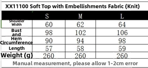 Size chart for knit top showing shoulder, chest, and length measurements in cm