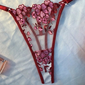 Close-up of sheer floral lace embroidery and red satin straps on sexy thong lingerie