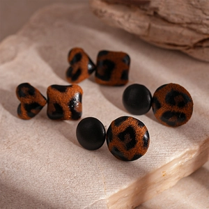 Vintage leopard print and black leather geometric heart stud earrings for women
