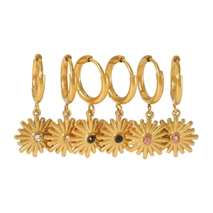 18K gold plated stainless steel daisy hoop earrings with colorful zircon stones set of three
