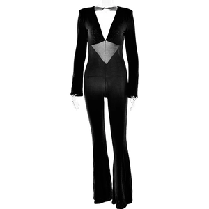 Detail of black deep V-neck bodysuit featuring sheer mesh waist inserts on a mannequin