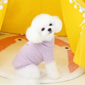 Purple fleece pet sweater for dogs and cats featuring soft plush texture on white puppy