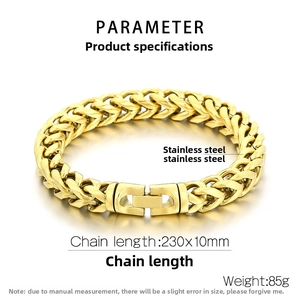 Detailed specs of 10mm golden stainless steel Franco chain bracelet with dimensions