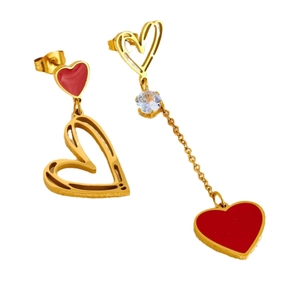 Asymmetric gold titanium steel heart earrings with red enamel and zircon on white background