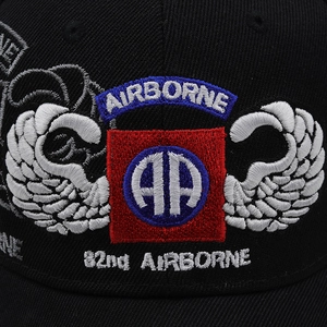 Close-up of the detailed military embroidery on this 82nd Airborne black baseball cap