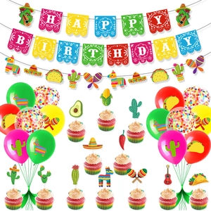 Mexican Fiesta birthday party set with Happy Birthday banner, colorful balloons and cake toppers