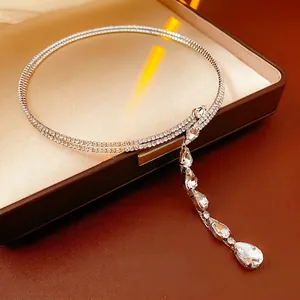 Luxury silver double-layered necklace with sparkling zircon water-drop pendants on leather box