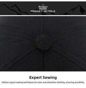Close-up of the exquisite stitching and top button on a black canvas baseball cap