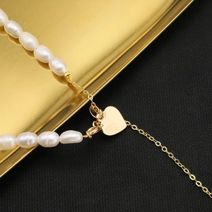 Natural freshwater pearl necklace with golden heart pendant on gold chain for women