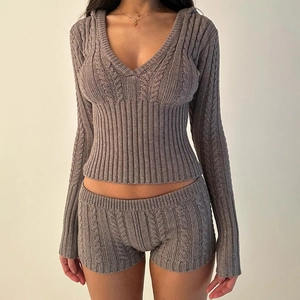 Sexy Damen Strick Kapuzen Langarm V-Ausschnitt Crop Top Und Shorts Zopfmuster Streetwear Einfarbig Loungewear