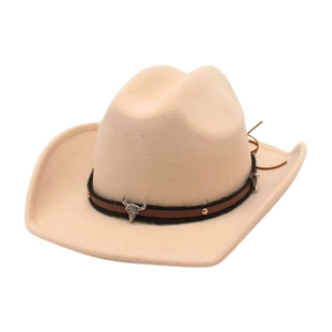 Classic beige western cowboy hat with a bull skull leather band and silver studs