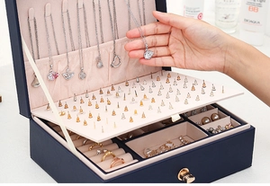 Deep blue leather jewelry box detail showing necklace hooks and multi-grid storage layout