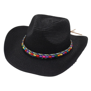 Black straw cowboy hat with colorful beaded band and wide curved brim for sun protection