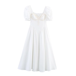 Square Neck Puff Sleeve White Maxi Dress French Vintage Braided Rope Detail Polyester Elegant Long Gown Women