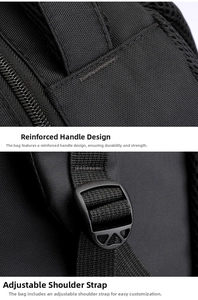 Detail of reinforced handle stitching and adjustable strap buckle on a black backpack
