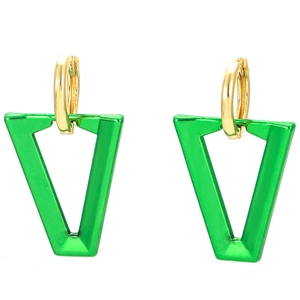 Modern gold hoop earrings featuring vibrant neon green V-shaped triangle pendants
