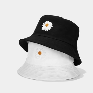 Women's cotton bucket hats with daisy embroidery in black and white for sun protection