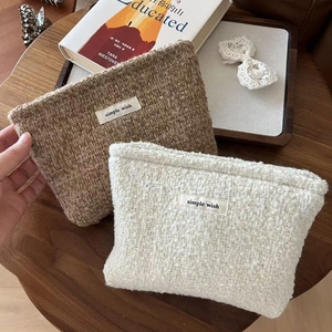 Tweed cosmetic pouch set in beige and coffee brown with simple wish brand label