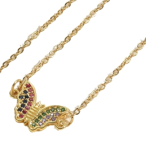 Golden butterfly necklace featuring colorful zircon stones on a fine link titanium chain